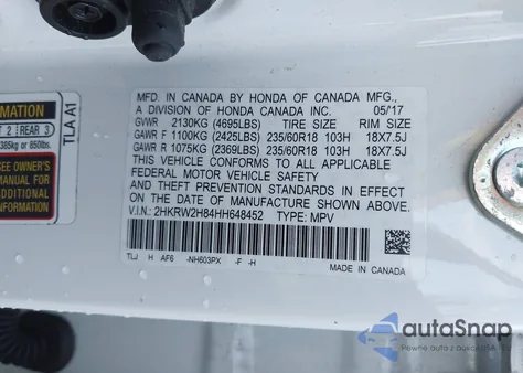 2017 Honda Cr-V Ex-L/Ex-L Navi from USA, damaged, VIN 2HKRW2H84HH648452